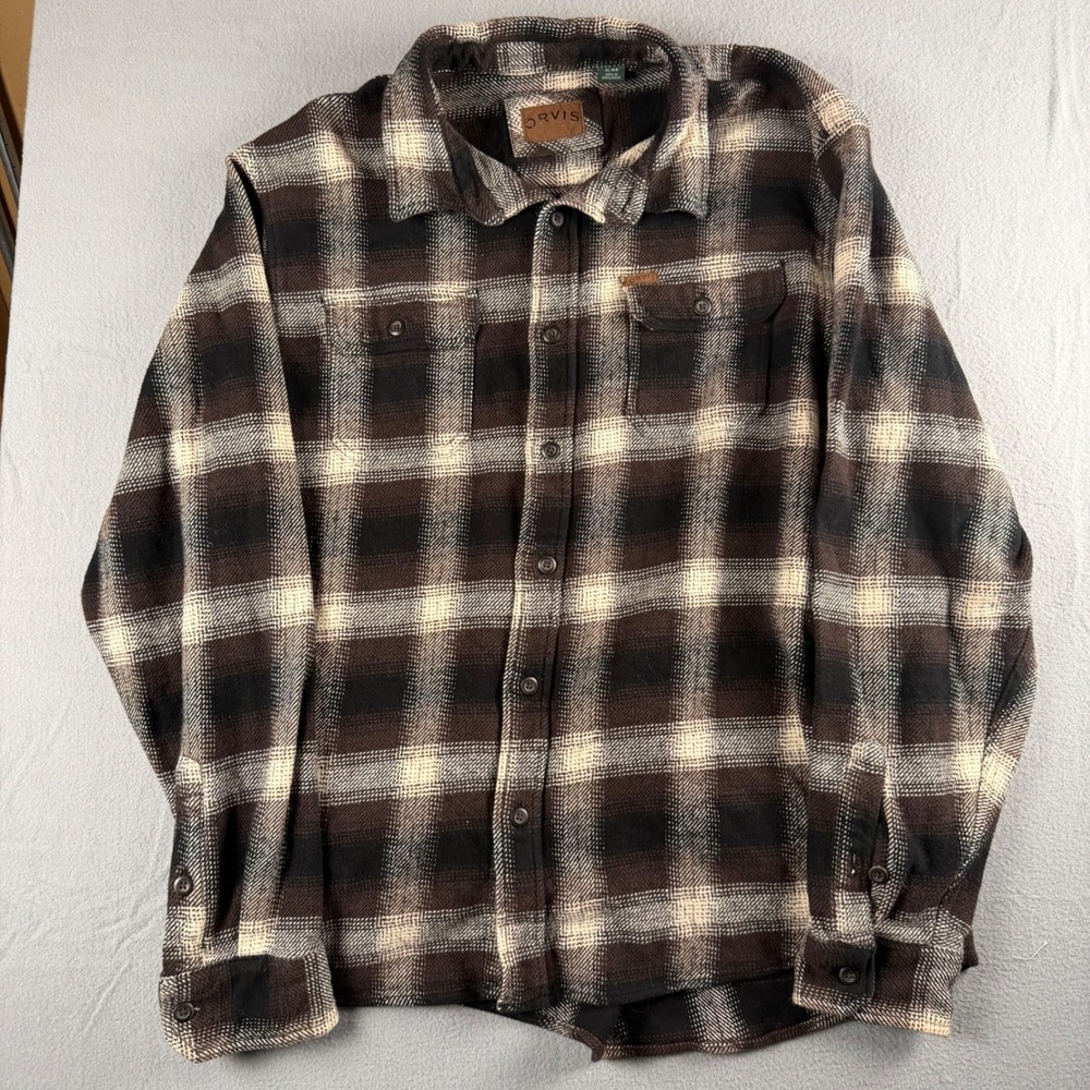 Orvis Mens XL Brown Plaid Heavy Cotton Flannel Button Down Shirt Outdoor Hiking